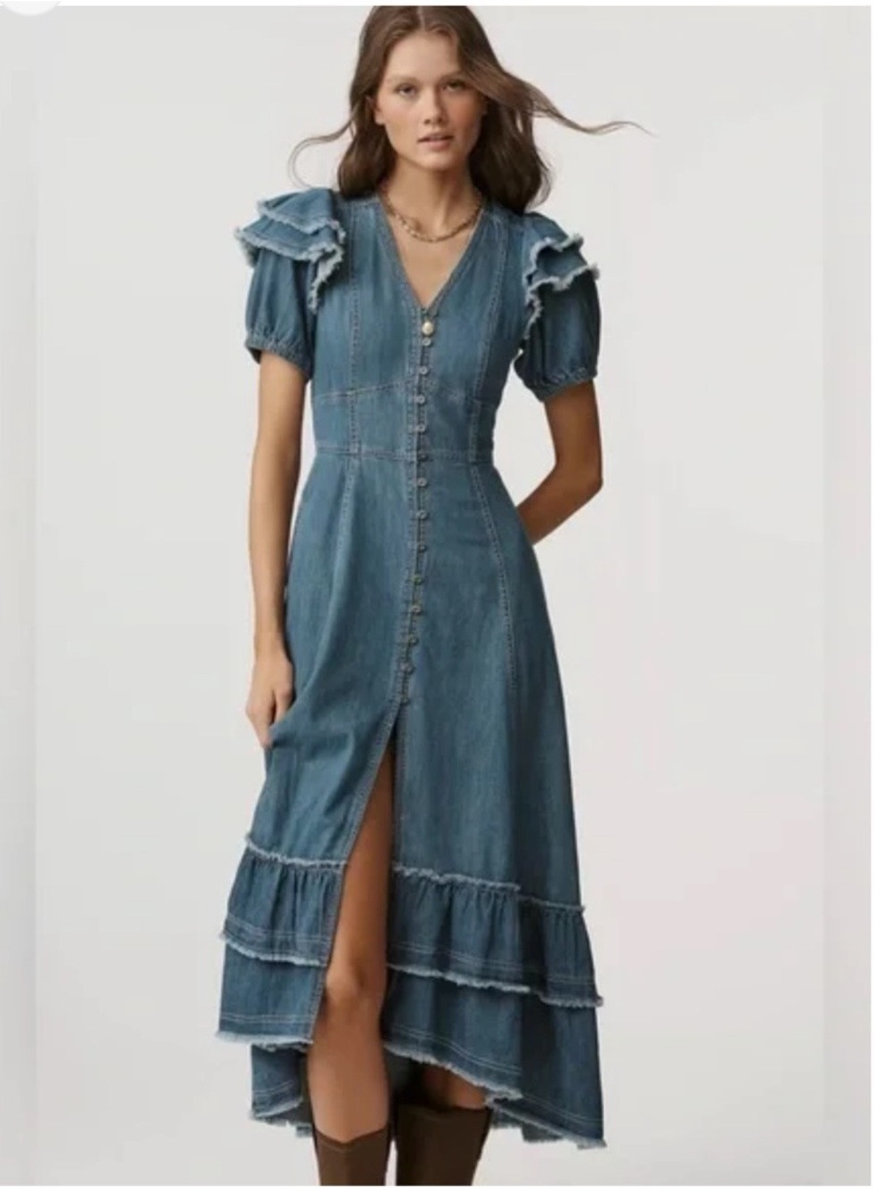 Anthropologie Pilcro Midi Shirt Dress Ruffled Cotton Retro Preppy Size XXS